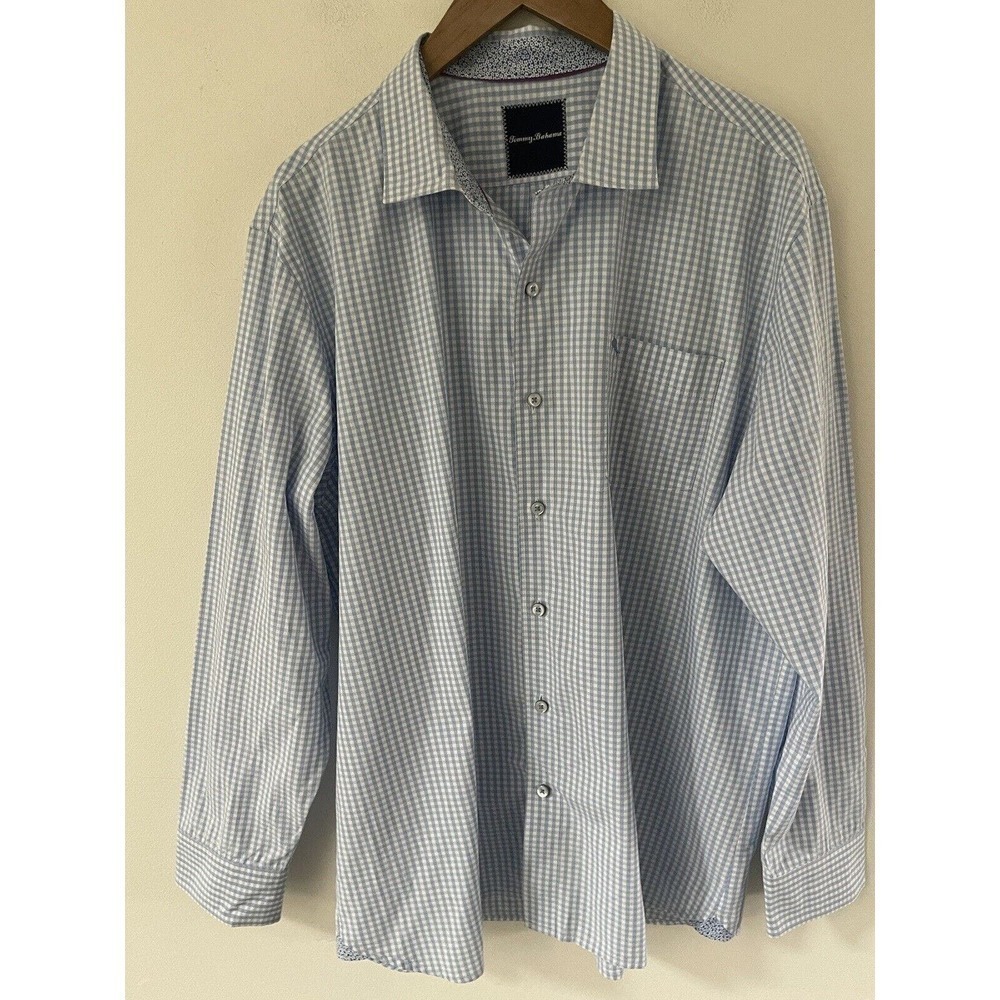 Tommy Bahama Shirt Mens XL/TG Blue Plaid White Pima Cotton Long Sleeve Button Up